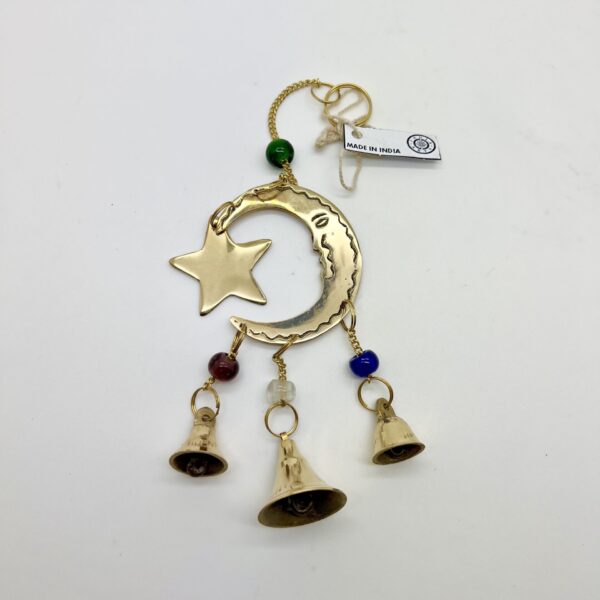 Mini Polished Brass Moon + Star Chime w/Beads & Bells 4.5"L