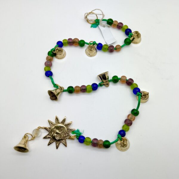 Hand-Beaded Cord w/Eight Polished Brass Bells and Polished Brass Sun 28"L