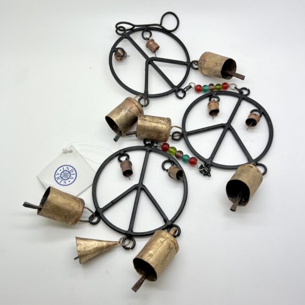 Three Heavy Duty Iron Peace Signs w/Tin Camel Bells & Beads 22"L