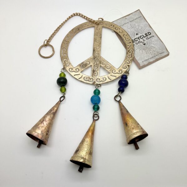 Recycled Metal Peace Signs /w Beads and Iron Bells & Chimes 10"L 5" Diameter